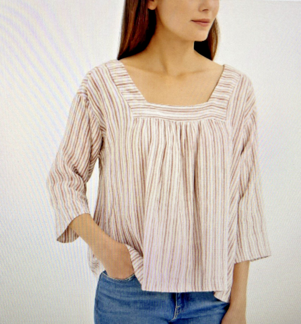 Rachel Zoe Women Pink Long Sleeve Blouse large Linen Strips Boho Square Neck